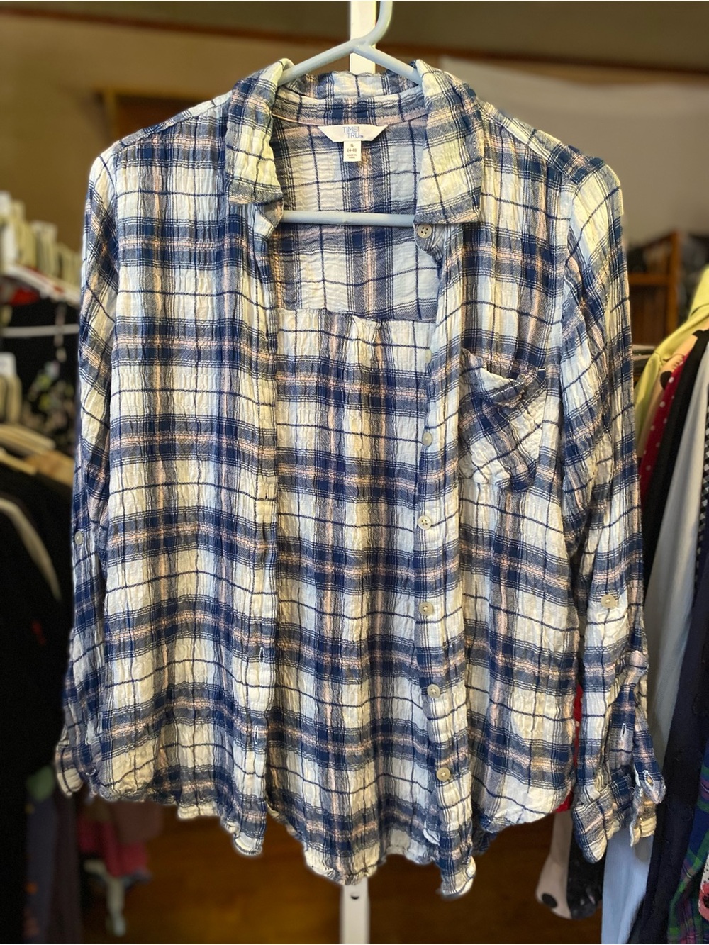 Time and Tru Blue and White Plaid Button-Down Shirt